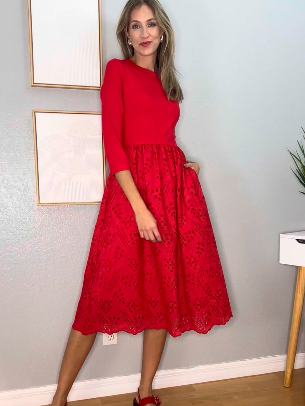 NWT Grace Karin 3/4 Sleeve Red Eyelet Midi Dress Small